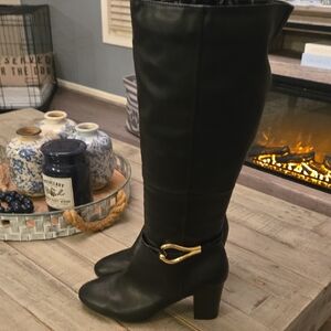 Elegant Black Heeled Synthetic Blend Leather-Like Boots. Dex-Flex Comfort